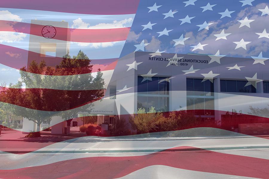 钟楼与透明的美国国旗在整个图像